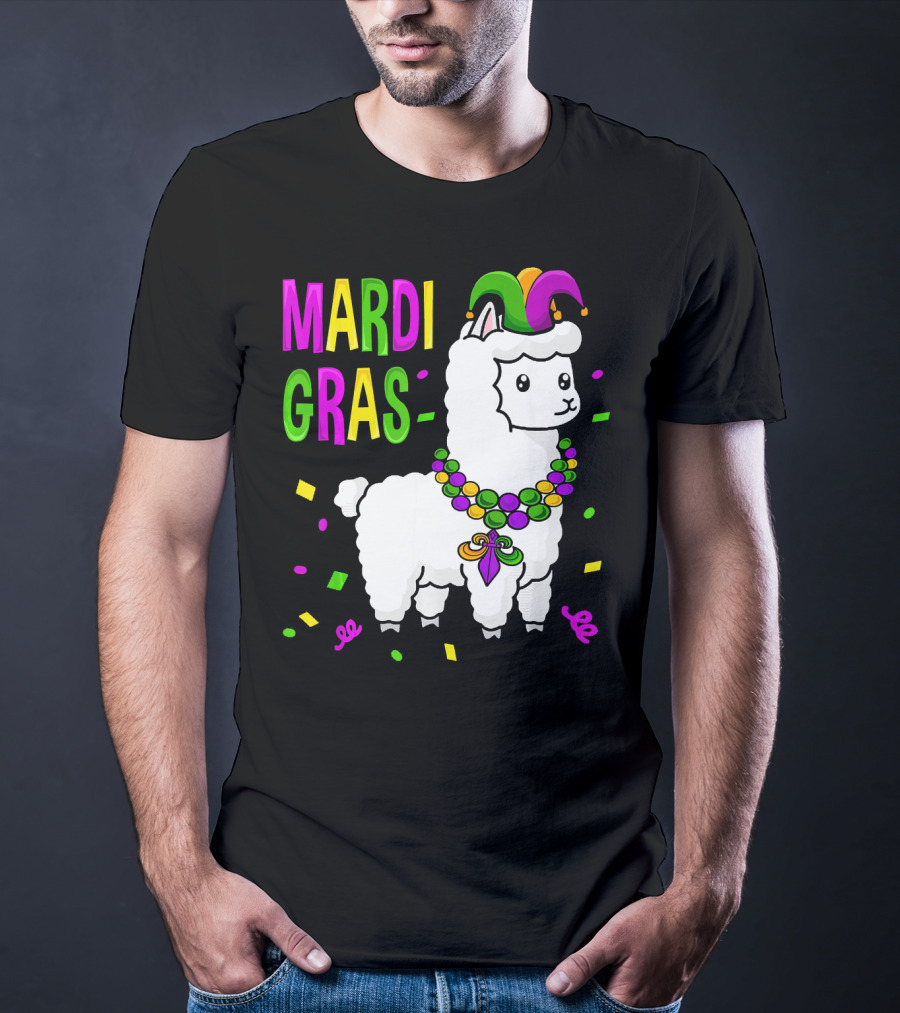 Mardi Gras Llama Jester New Orleans Beads Confetti T-Shirt