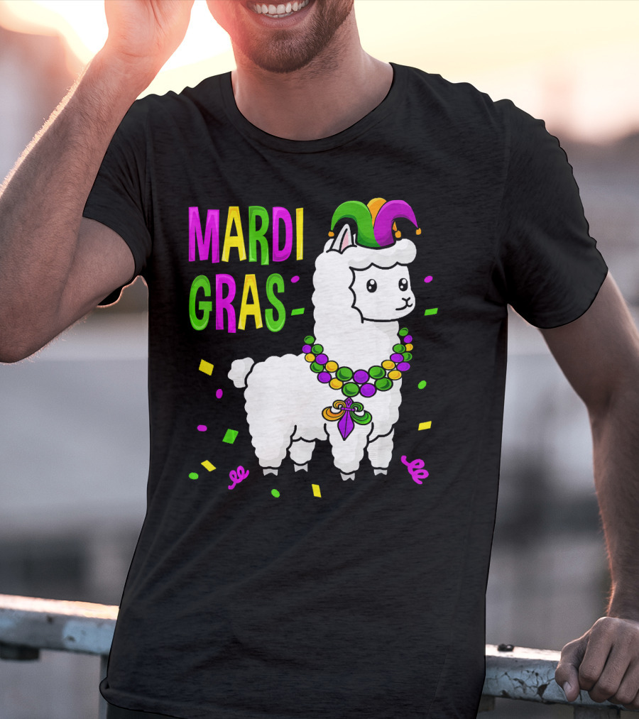 Mardi Gras Llama Jester New Orleans Beads Confetti T-Shirt