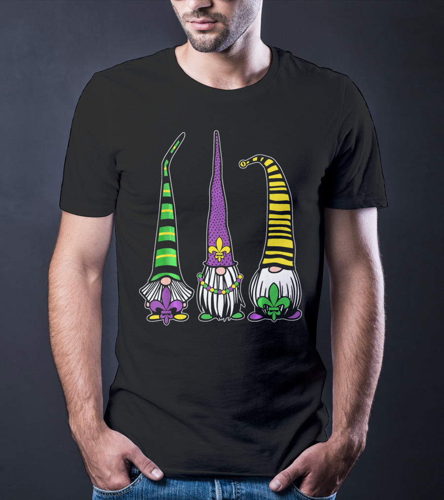 Cute Gnomes Mardi Gras Tuesday Gnome Bea Festival Fleur De Lis T-Shirt