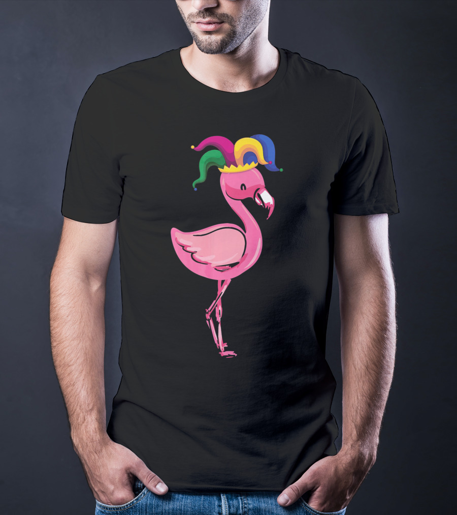 Flamingo With Jester Hat Mardi Gras Costume T-Shirt