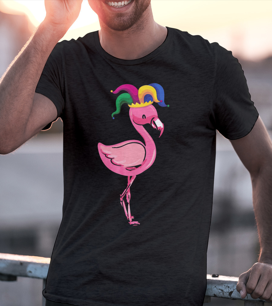 Flamingo With Jester Hat Mardi Gras Costume T-Shirt