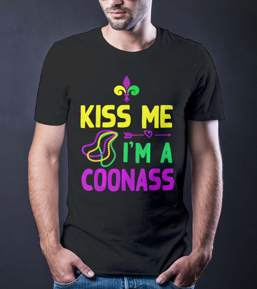 Kiss Me I'm A Coonass Mardi Gras Fleur-de-Lis Beads T-Shirt