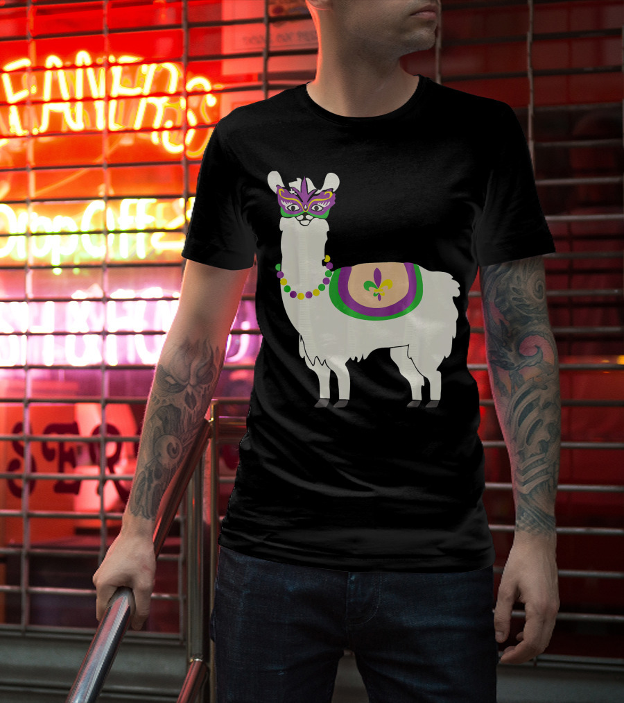 Mardi Gras Llama With Fleur-de-Lis Beads And Mask For Funny Carnival Party T-Shirt