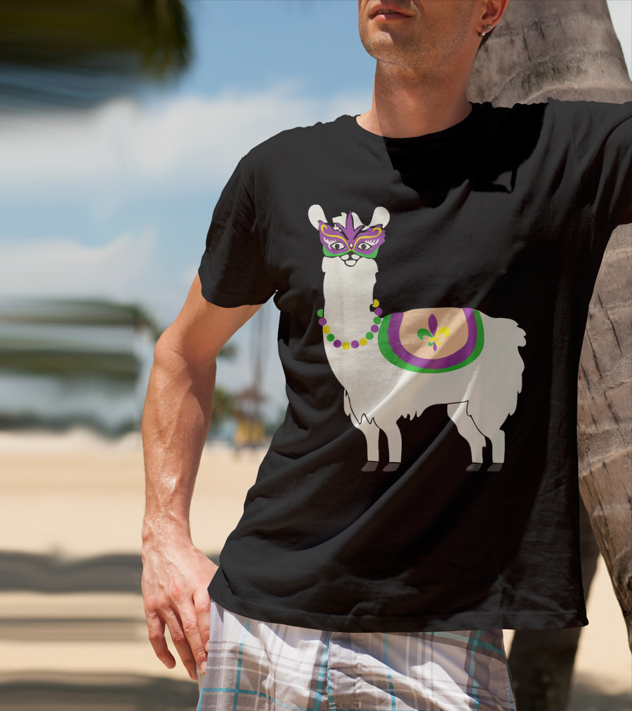 Mardi Gras Llama With Fleur-de-Lis Beads And Mask For Funny Carnival Party T-Shirt