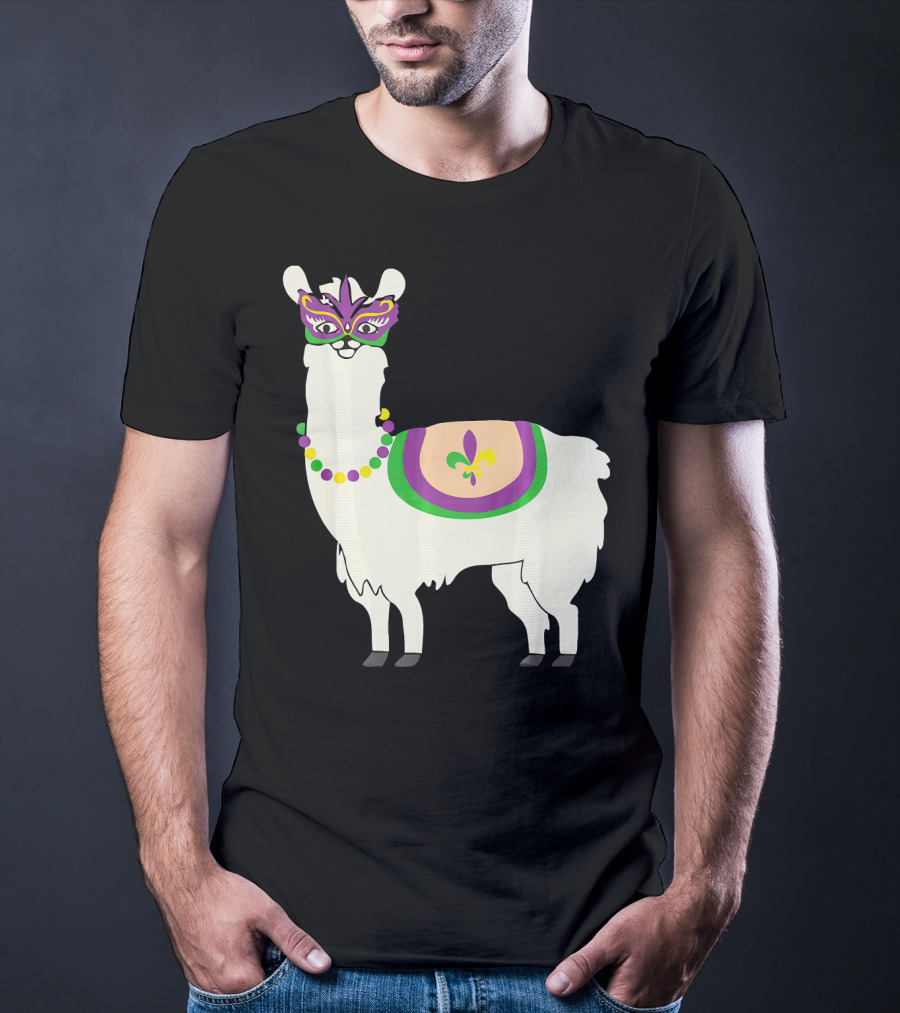 Mardi Gras Llama With Fleur-de-Lis Beads And Mask For Funny Carnival Party T-Shirt