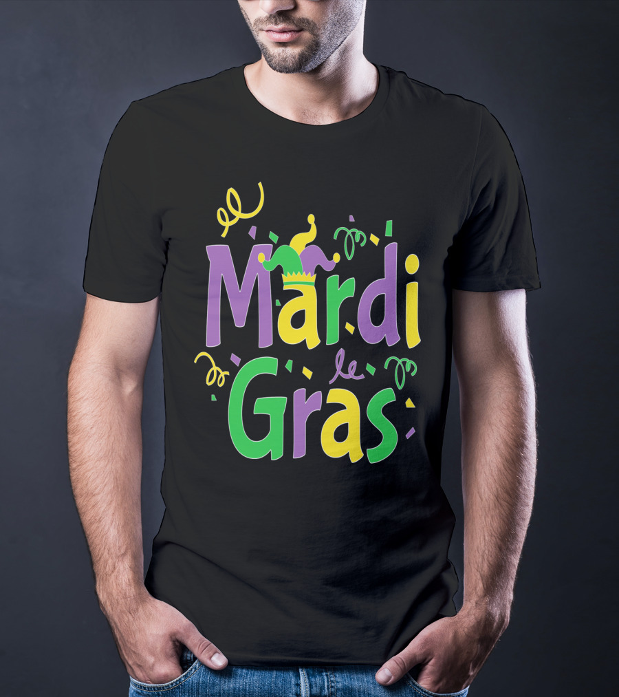 Mardi Gras Party Colorful Celebration With Jester Hat And Confetti T-Shirt