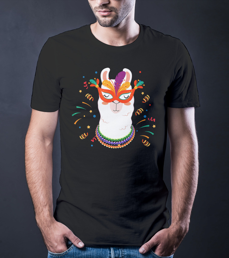 Llama Mardi Gras Mask Beads Festive T-Shirt