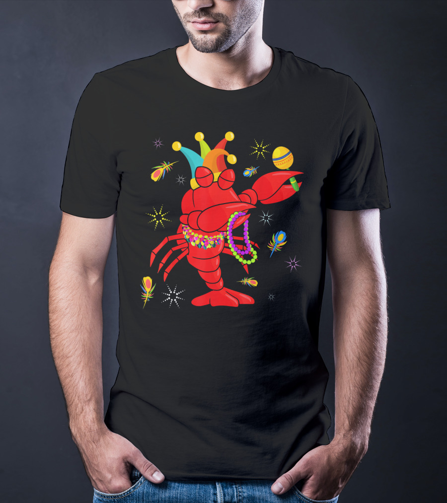 Mardi Gras Crawfish Dabbing Jester Hat Beads Feathers T-Shirt