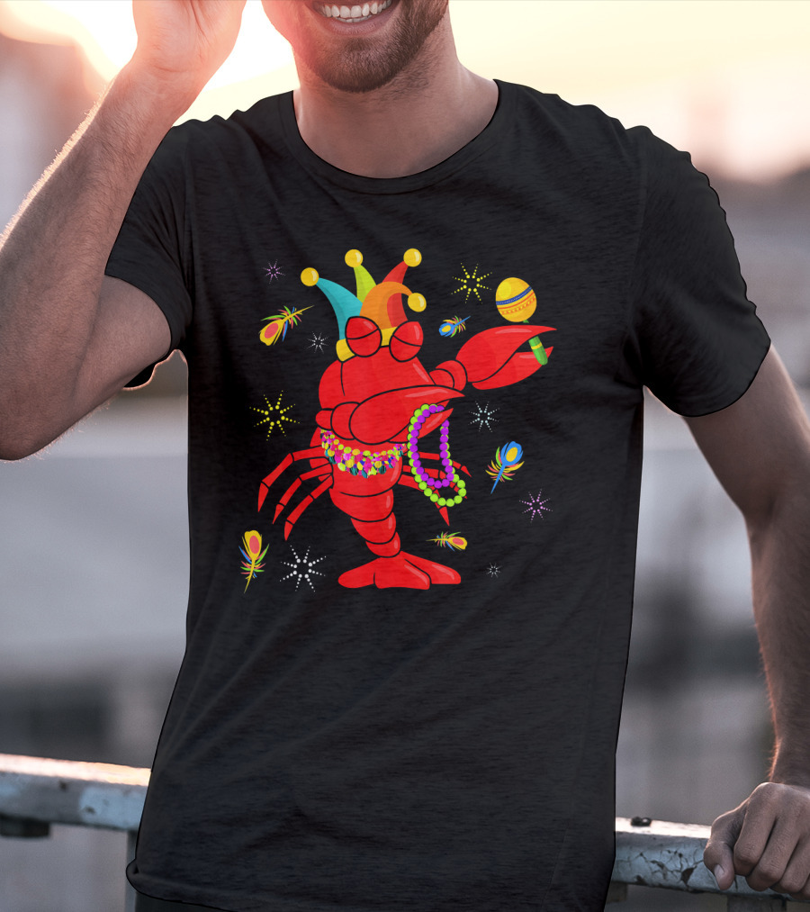 Mardi Gras Crawfish Dabbing Jester Hat Beads Feathers T-Shirt