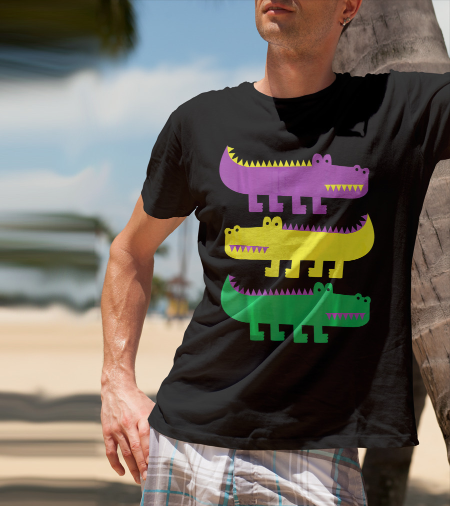 Mardi Gras Happy Alligator Crocodile Fun Purple Yellow Green Trio T-Shirt