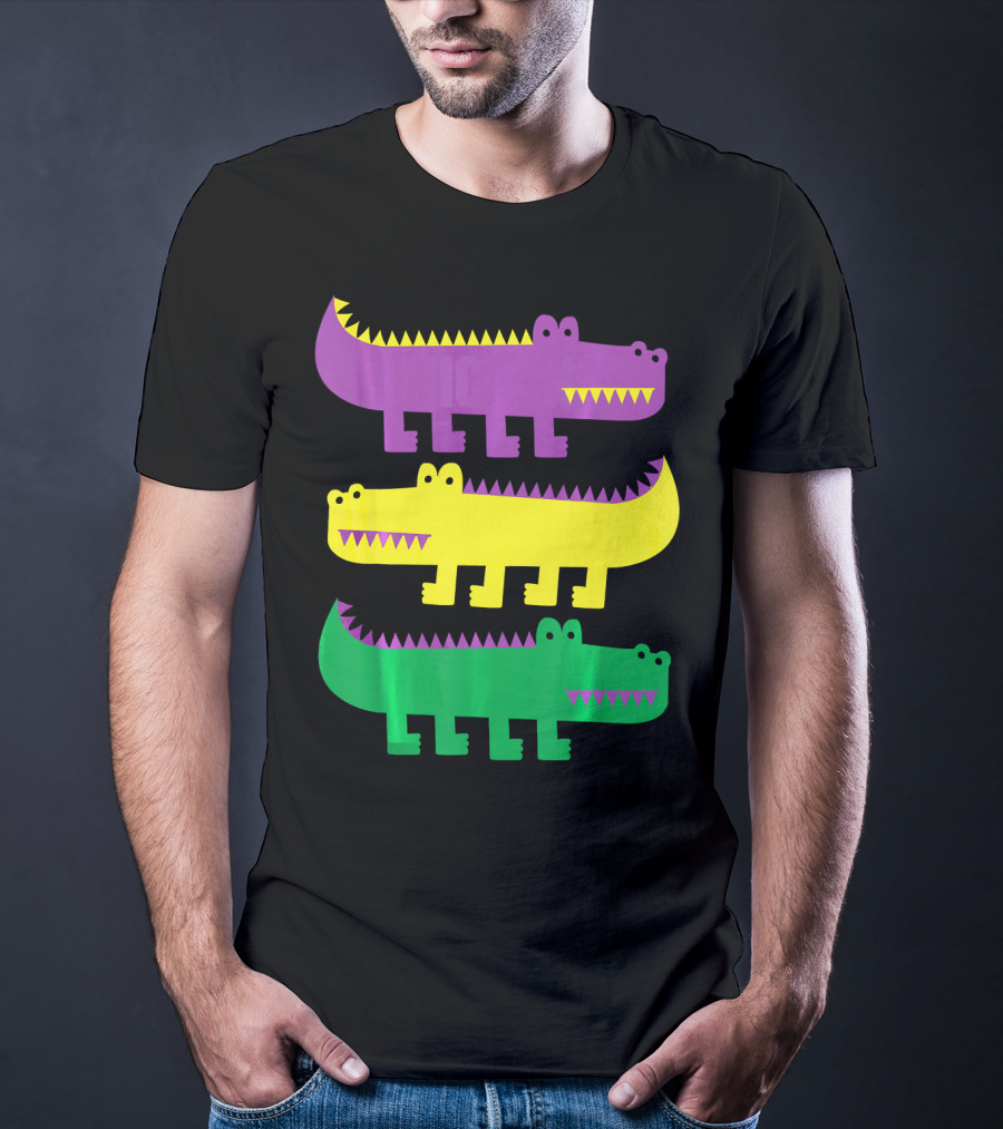 Mardi Gras Happy Alligator Crocodile Fun Purple Yellow Green Trio T-Shirt