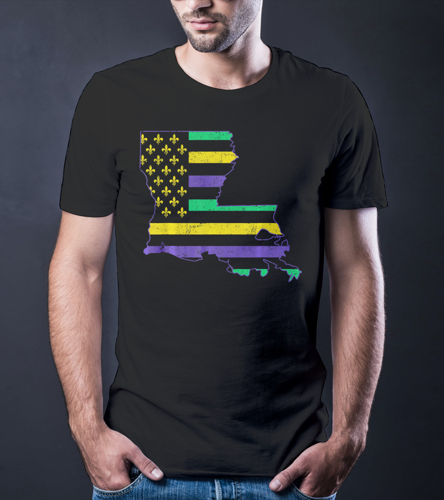 New Orleans Mardi Gras Louisiana Map Fleur-de-lis Flag T-Shirt