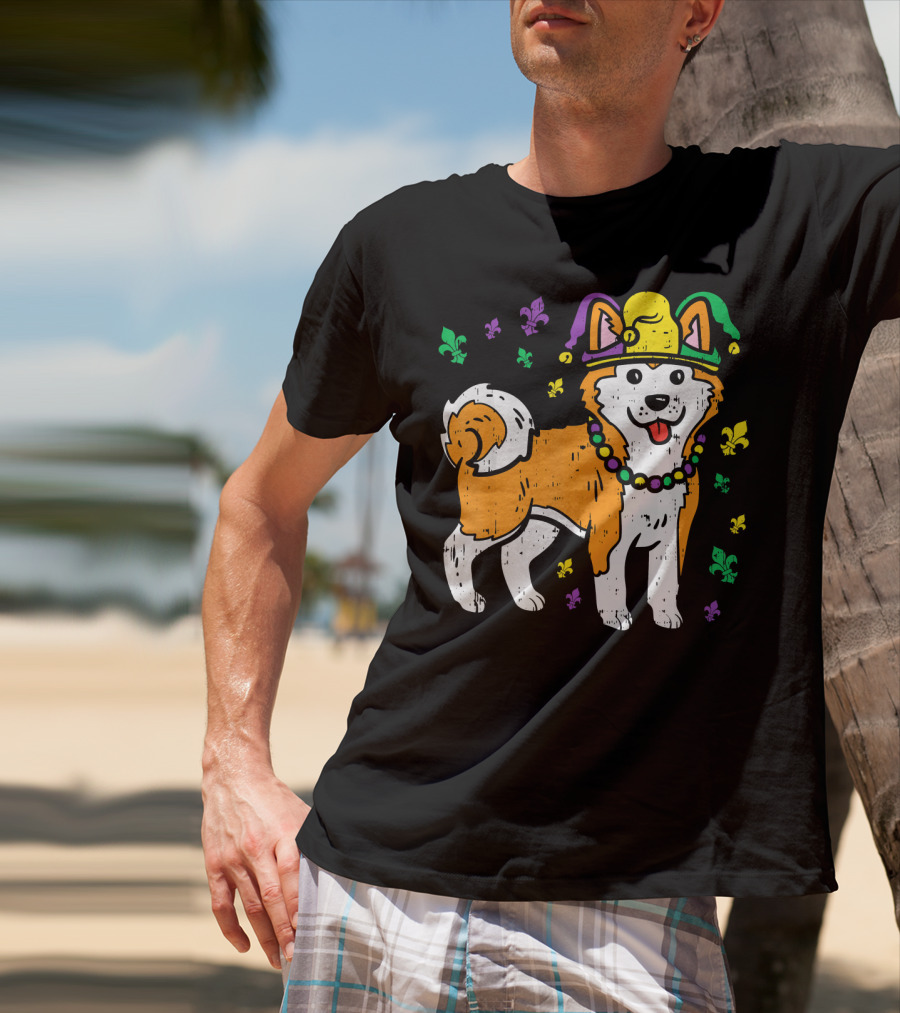 Jester Shiba Inu Akita Japanese Dog Mardi Gras Fleur-de-Lis T-Shirt