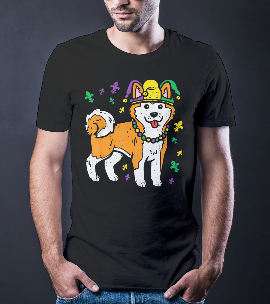 Jester Shiba Inu Akita Japanese Dog Mardi Gras Fleur-de-Lis T-Shirt