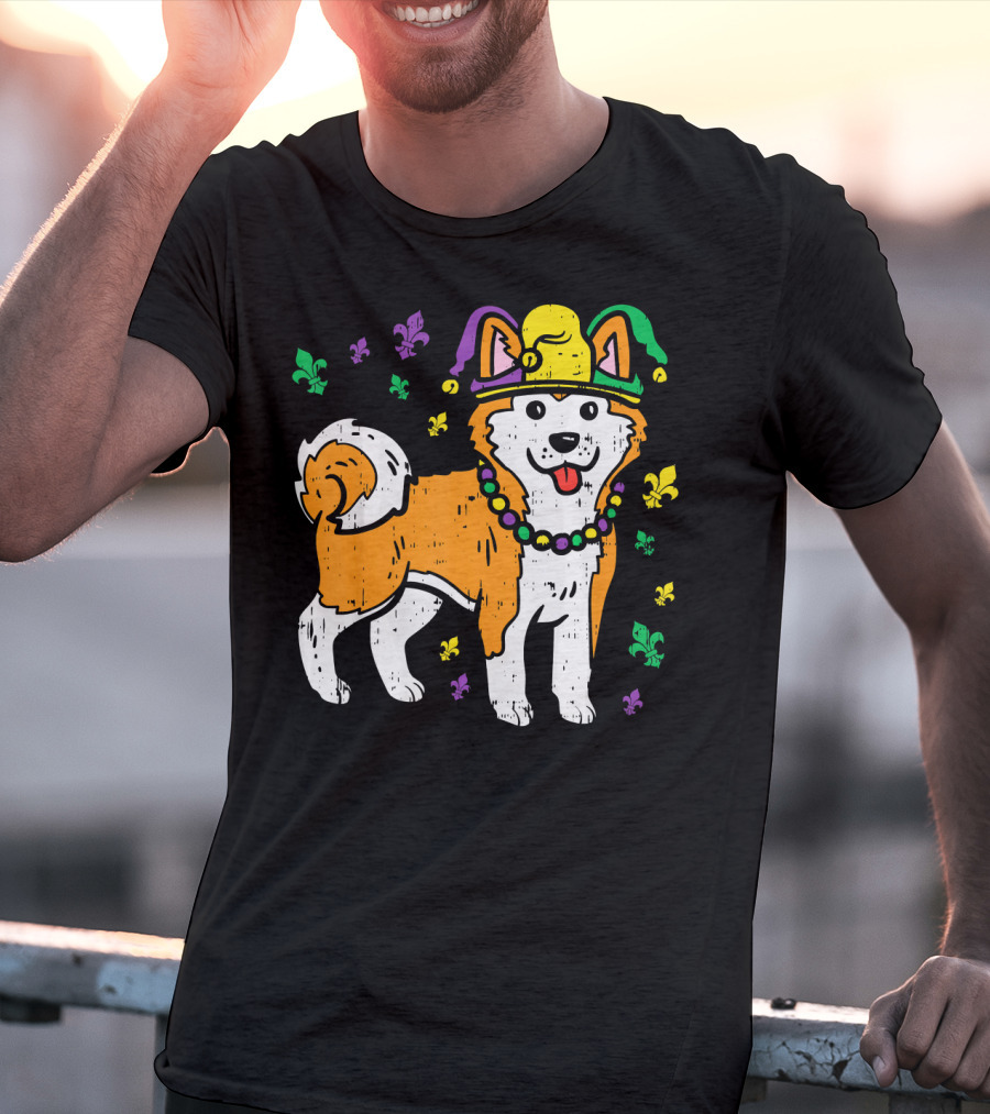 Jester Shiba Inu Akita Japanese Dog Mardi Gras Fleur-de-Lis T-Shirt