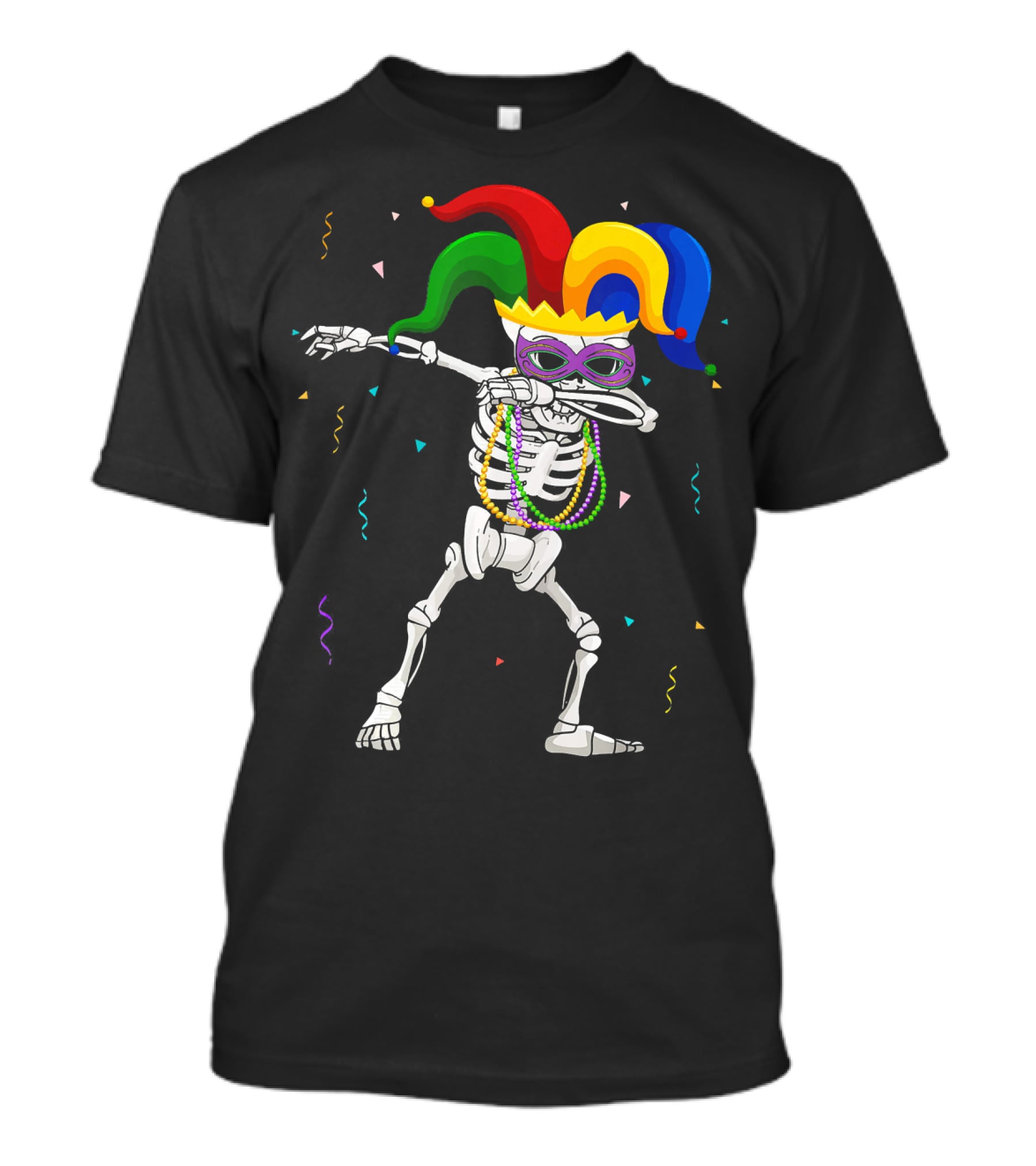 Skeleton Mardi Gras Jester Mask Dabbing With Beads And Confetti T-Shirt