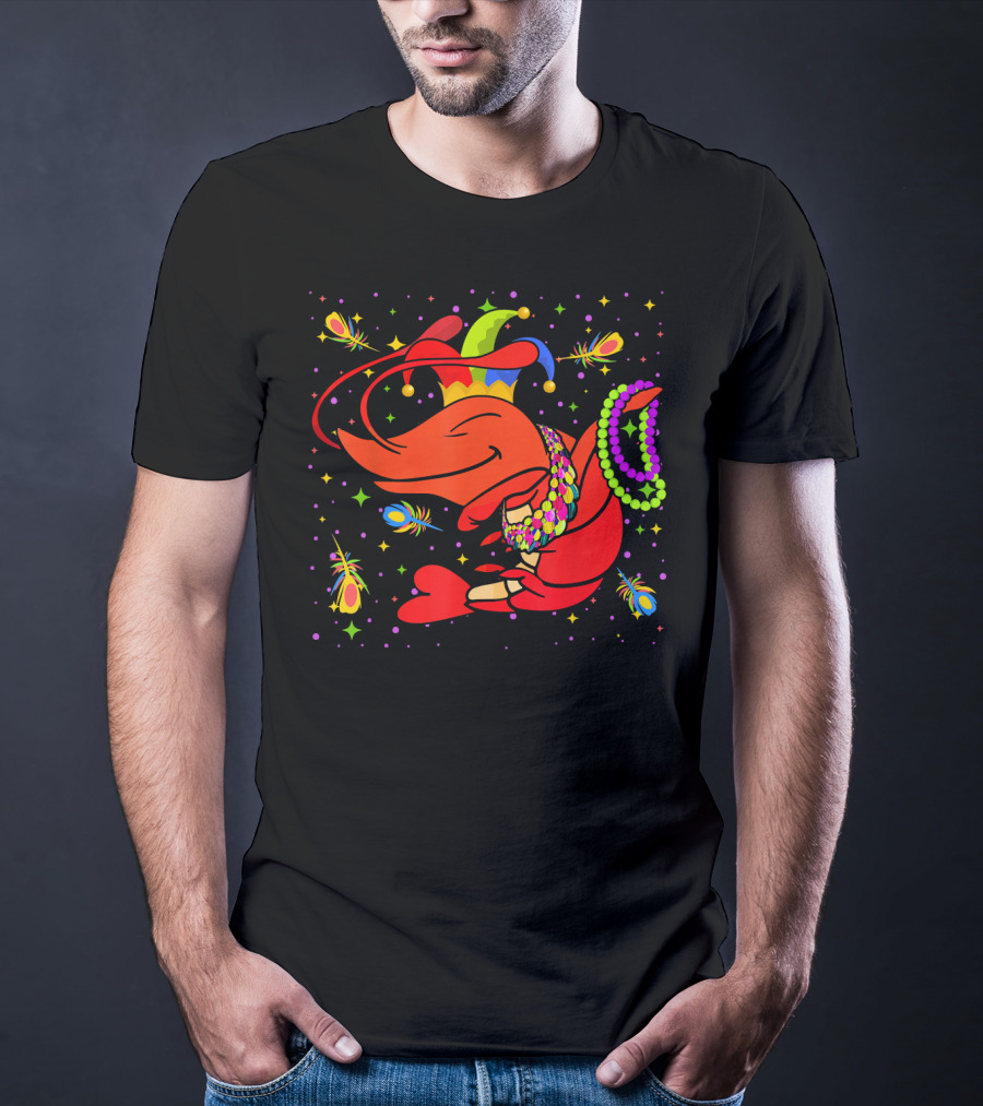 Dabbing Crawfish With Beads And Jester Hat Mardi Gras T-Shirt