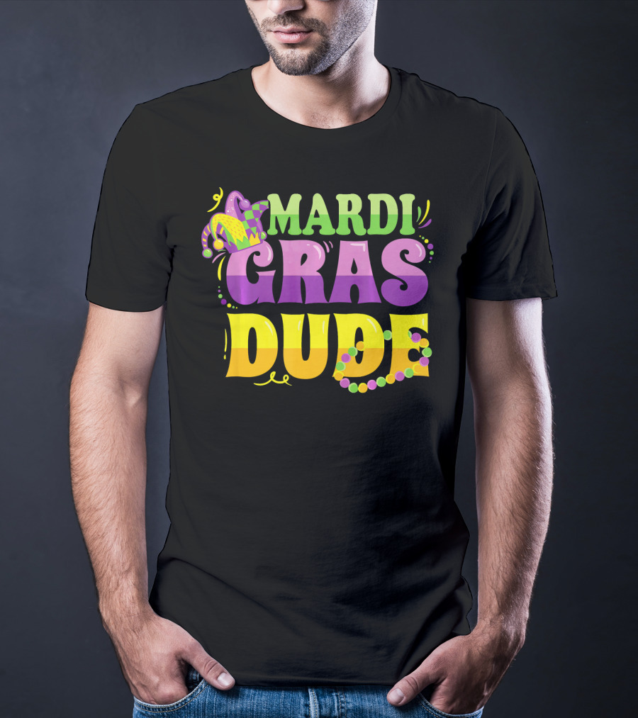 Mardi Gras Dude New Orleans Beads And Jester Hat T-Shirt