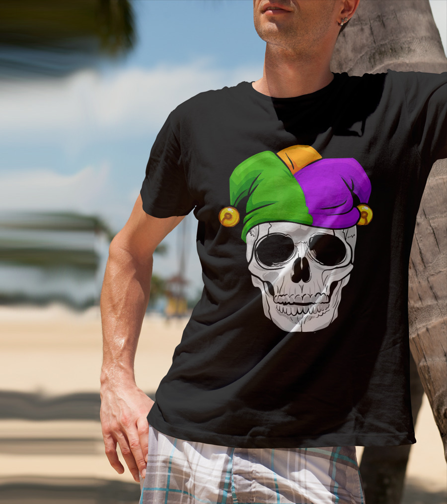 Mardi Gras New Orleans Skull With Colorful Jester Hat T-Shirt