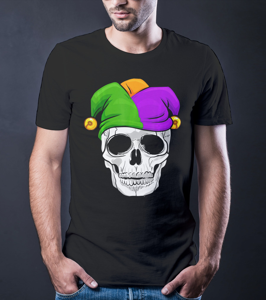 Mardi Gras New Orleans Skull With Colorful Jester Hat T-Shirt
