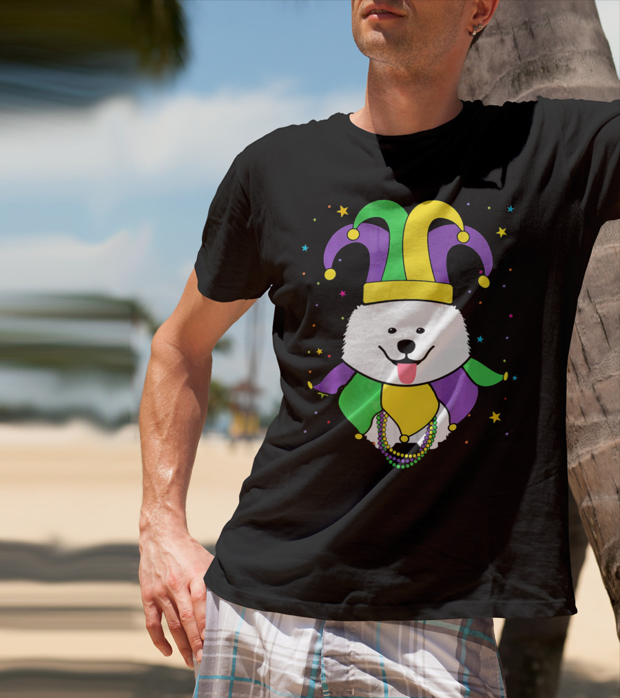 Funny Samoyed With Jester Hat And Mardi Gras Colors T-Shirt