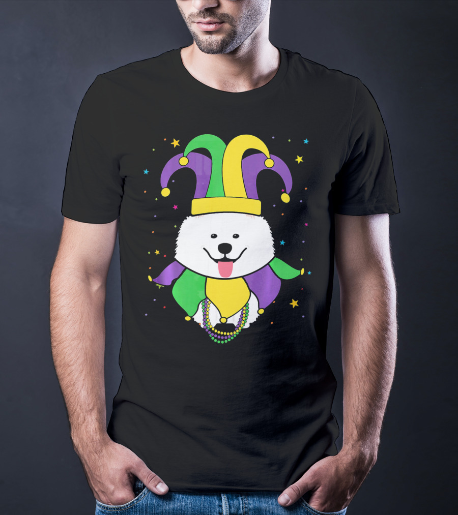 Funny Samoyed With Jester Hat And Mardi Gras Colors T-Shirt