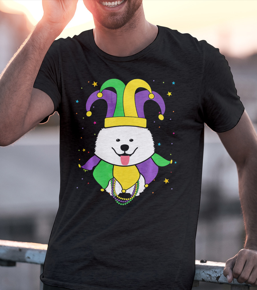 Funny Samoyed With Jester Hat And Mardi Gras Colors T-Shirt