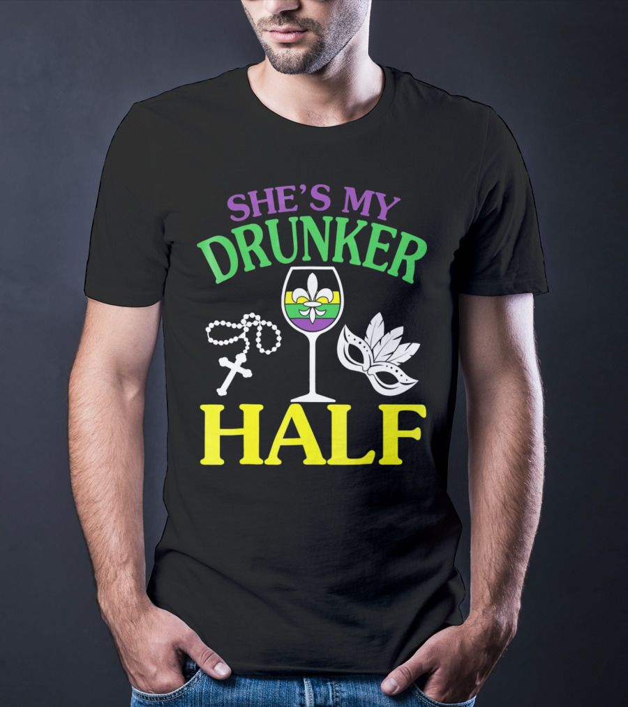 SHE'S MY DRUNKER HALF Fleur-de-Lis Wine Glass Beads Mask T-Shirt