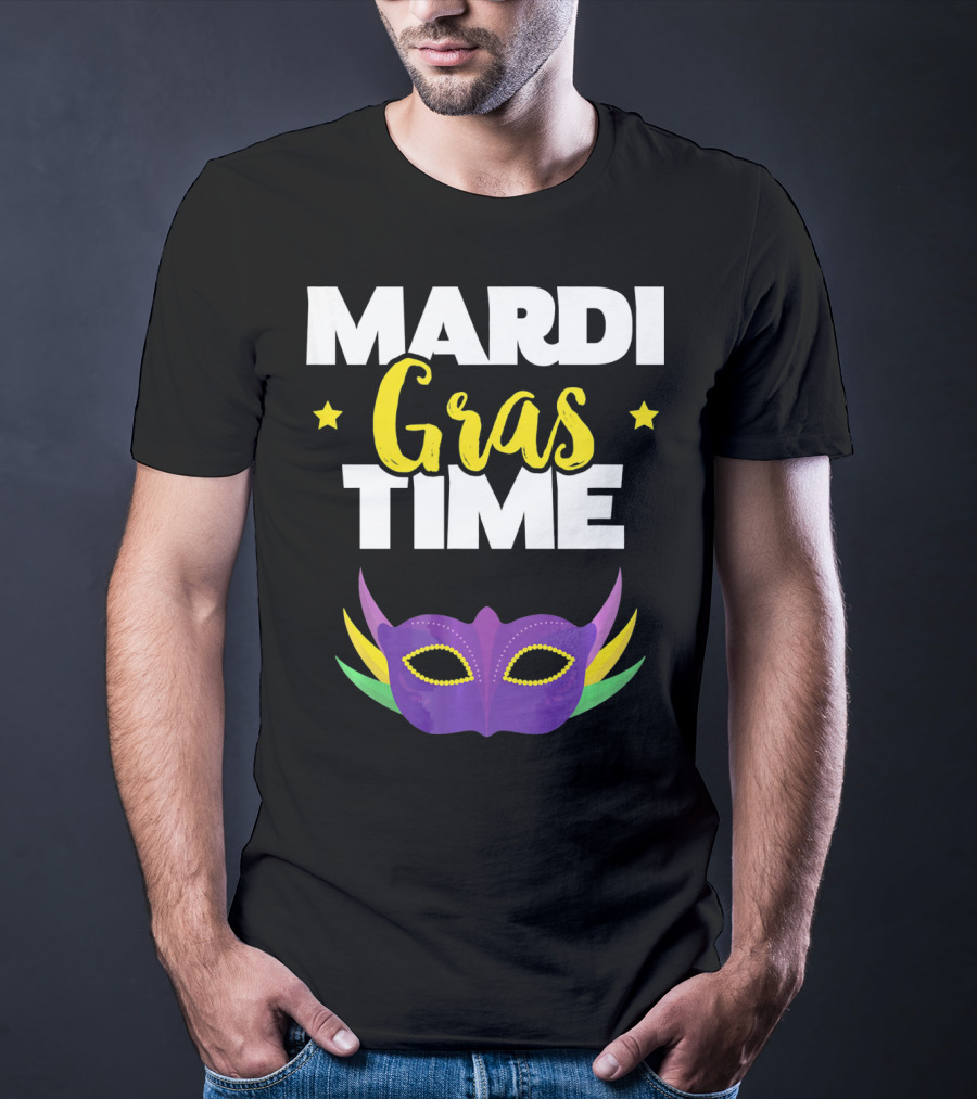 Mardi Gras Time Mask With Stars And Purple Yellow Green Elements T-Shirt