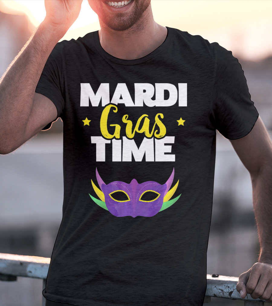Mardi Gras Time Mask With Stars And Purple Yellow Green Elements T-Shirt