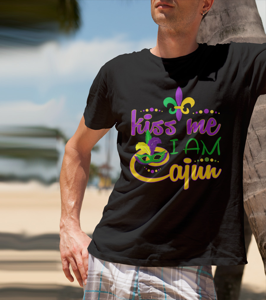 Kiss Me I Am Cajun Mardi Gras Mask Fleur De Lis T-Shirt