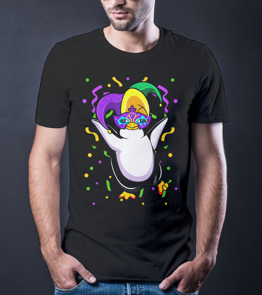 Mardi Gras Penguin With Colorful Jester Hat And Mask T-Shirt
