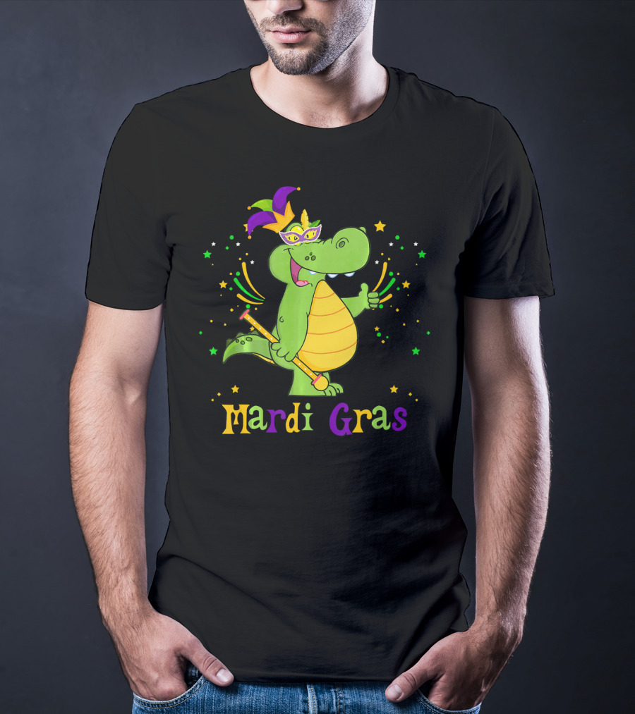 Mardi Gras Alligator With Mask And Star Accents T-Shirt