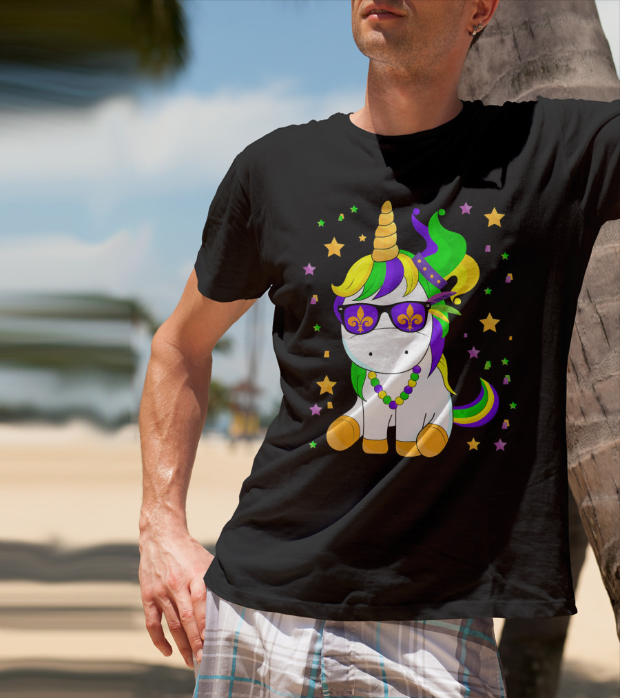 Mardi Gras Unicorn Kid Carnival Stars Fleur-de-Lis Beads T-Shirt