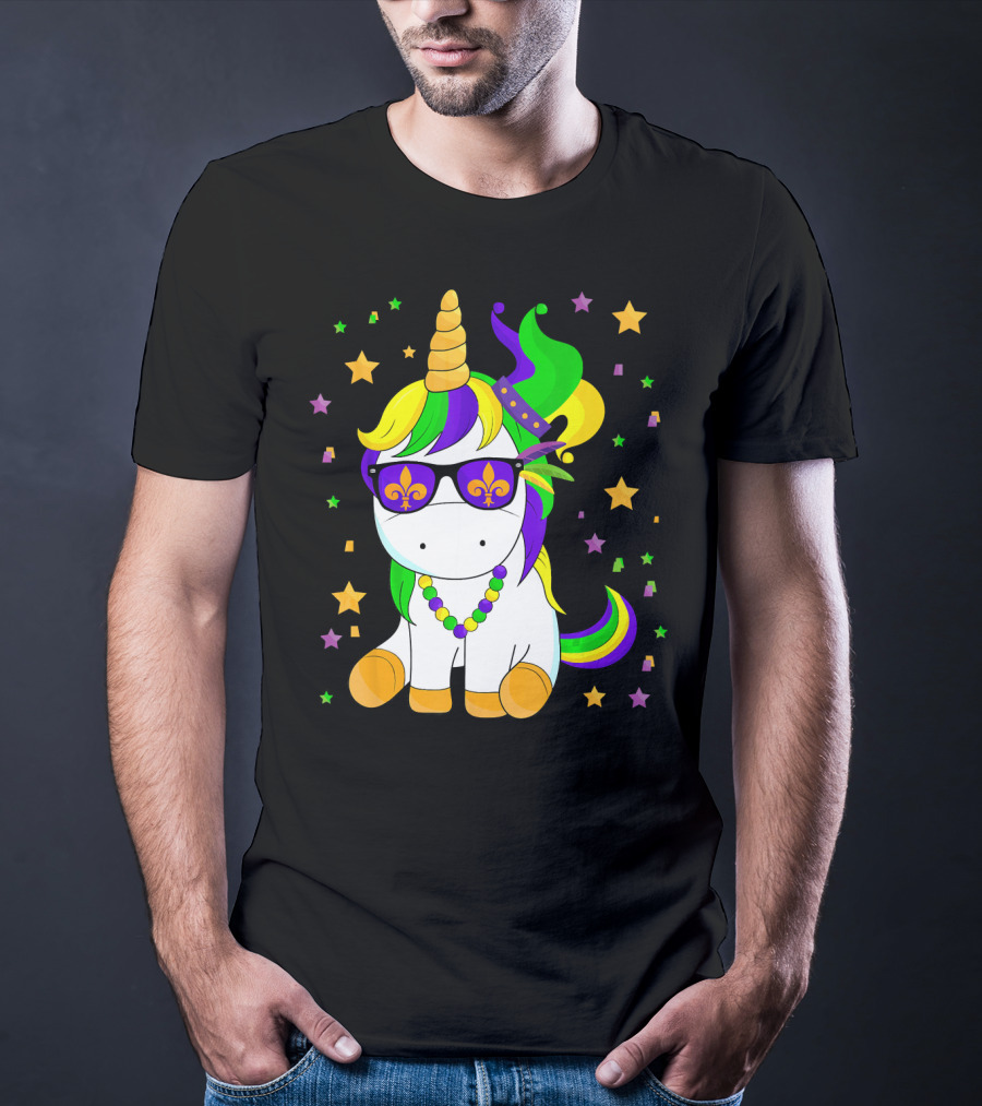 Mardi Gras Unicorn Kid Carnival Stars Fleur-de-Lis Beads T-Shirt