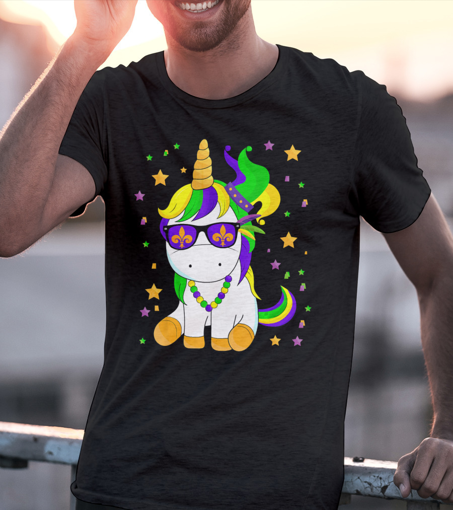 Mardi Gras Unicorn Kid Carnival Stars Fleur-de-Lis Beads T-Shirt