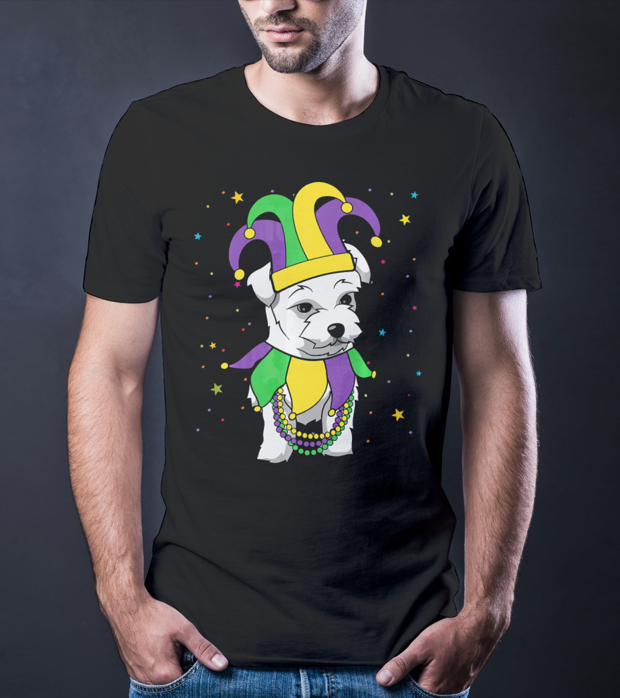 Havanese Dog Jester Hat Mardi Gras Beads Funny Stars T-Shirt