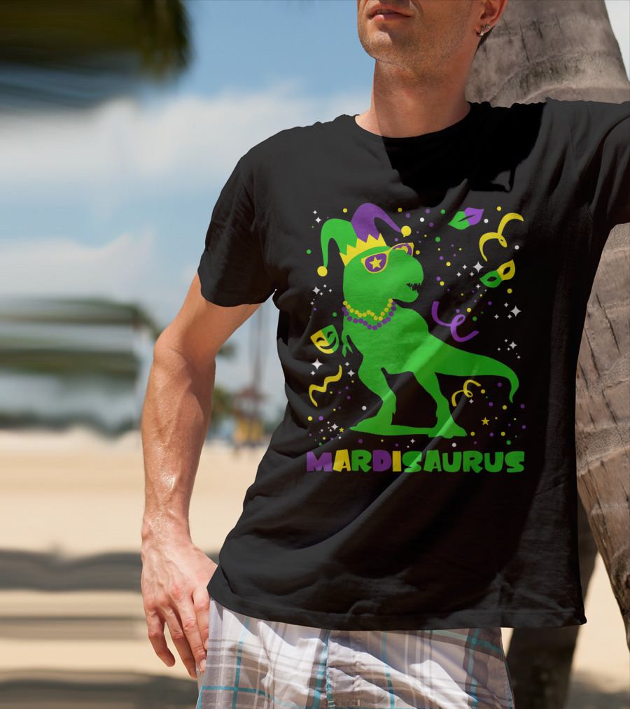 Mardi Gras Dinosaur Mardisaurus Jester Hat Beads Masks Party T-Shirt