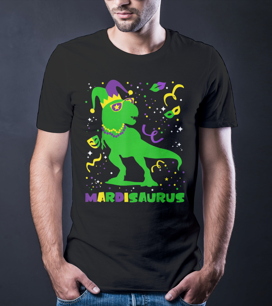 Mardi Gras Dinosaur Mardisaurus Jester Hat Beads Masks Party T-Shirt