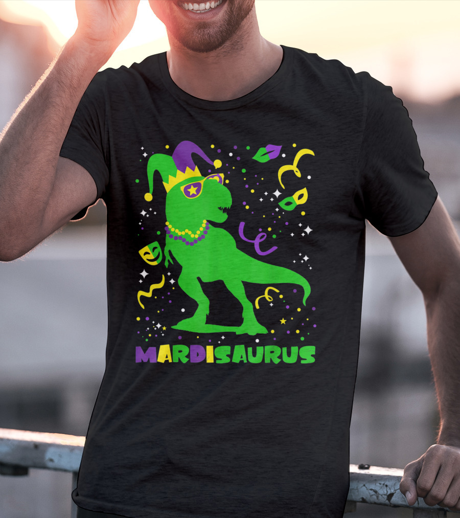 Mardi Gras Dinosaur Mardisaurus Jester Hat Beads Masks Party T-Shirt