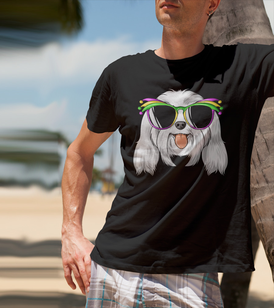 Maltese Dog With Mardi Gras Carnival Mask And Sunglasses T-Shirt