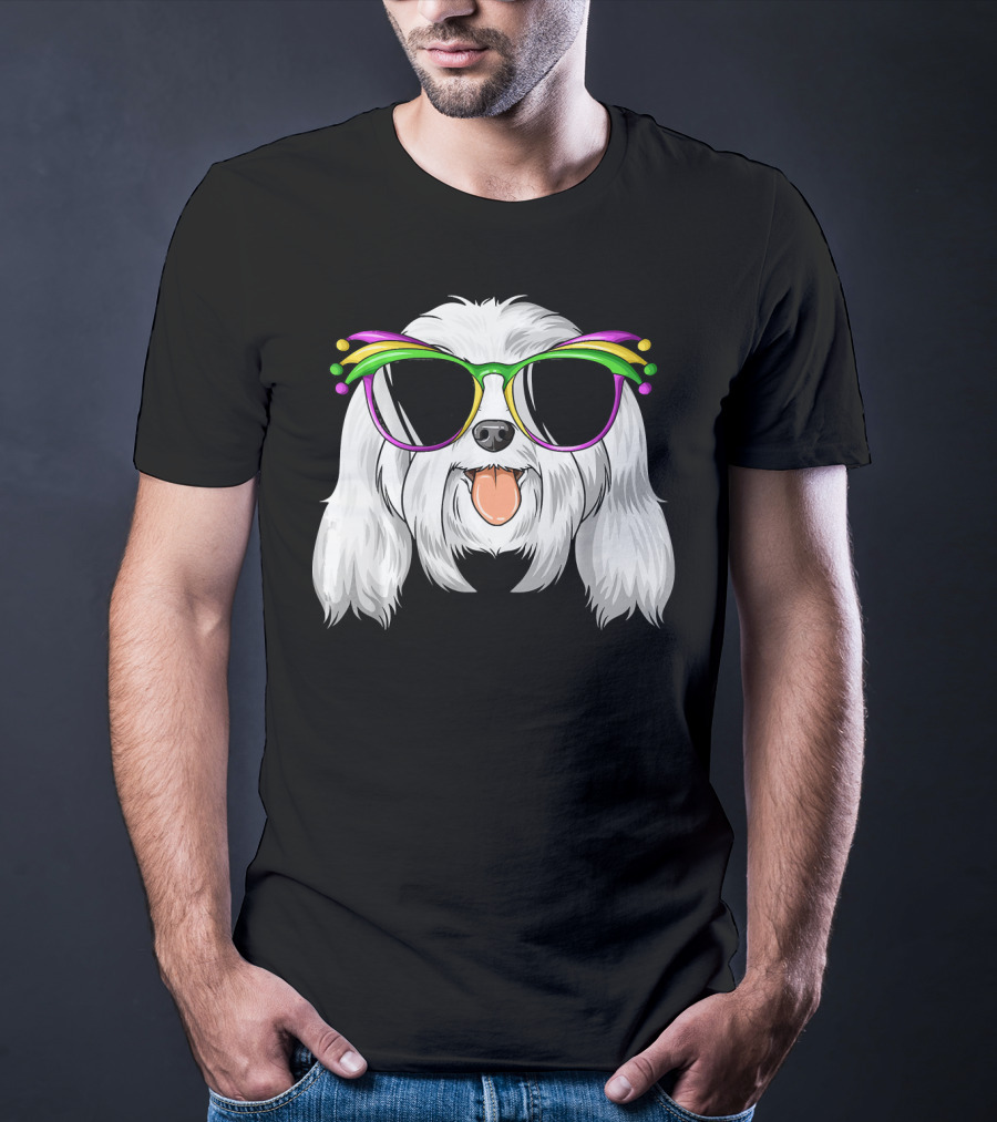Maltese Dog With Mardi Gras Carnival Mask And Sunglasses T-Shirt