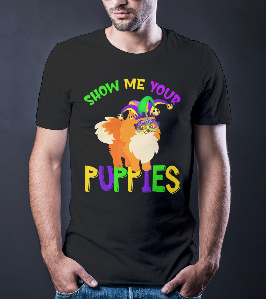 Show Me Your Puppies Pomeranian Jester Mask Colorful Fun T-Shirt