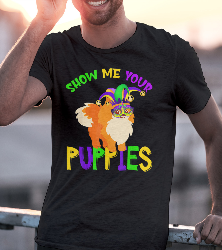 Show Me Your Puppies Pomeranian Jester Mask Colorful Fun T-Shirt