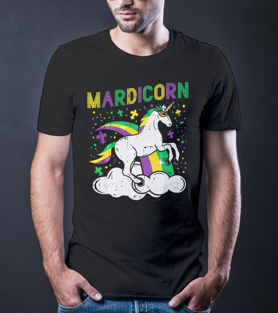 Mardicorn Retro Unicorn Jester Animal Mardi Gras Fleur-de-Lis Clouds T-Shirt