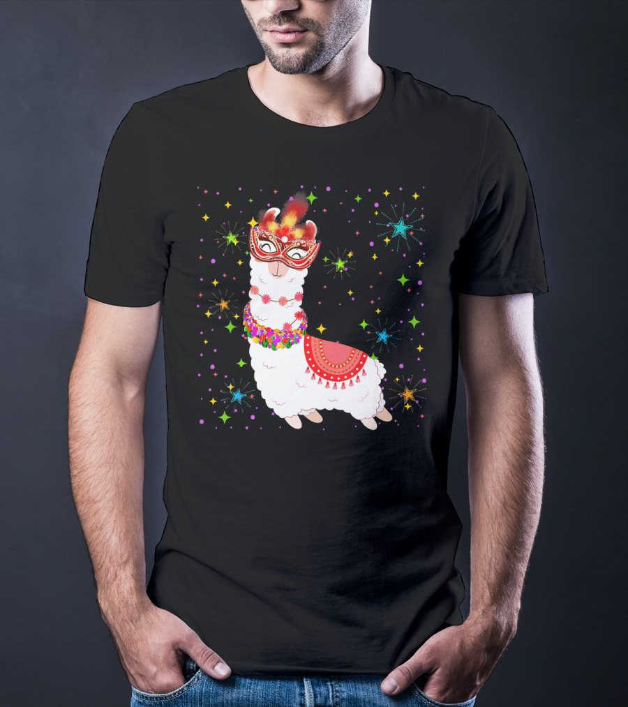 Llama Mardi Gras Mask Beads Colorful Festive Stars T-Shirt
