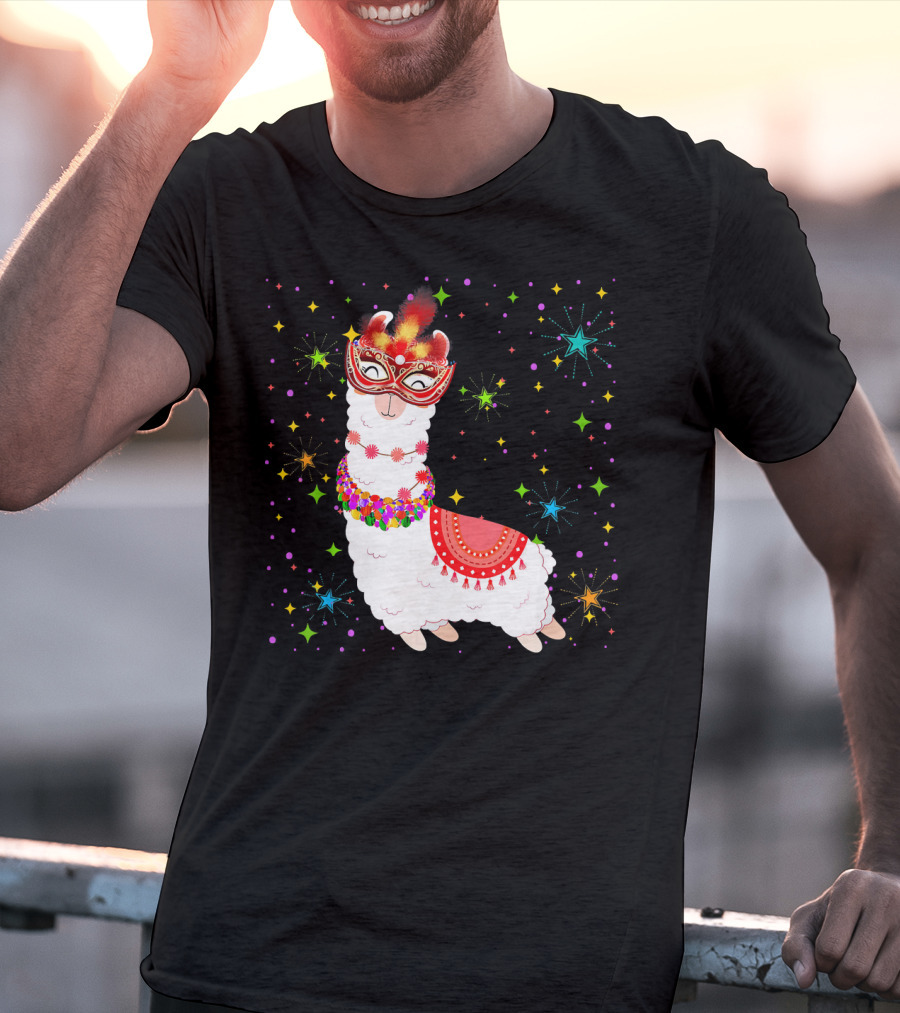 Llama Mardi Gras Mask Beads Colorful Festive Stars T-Shirt