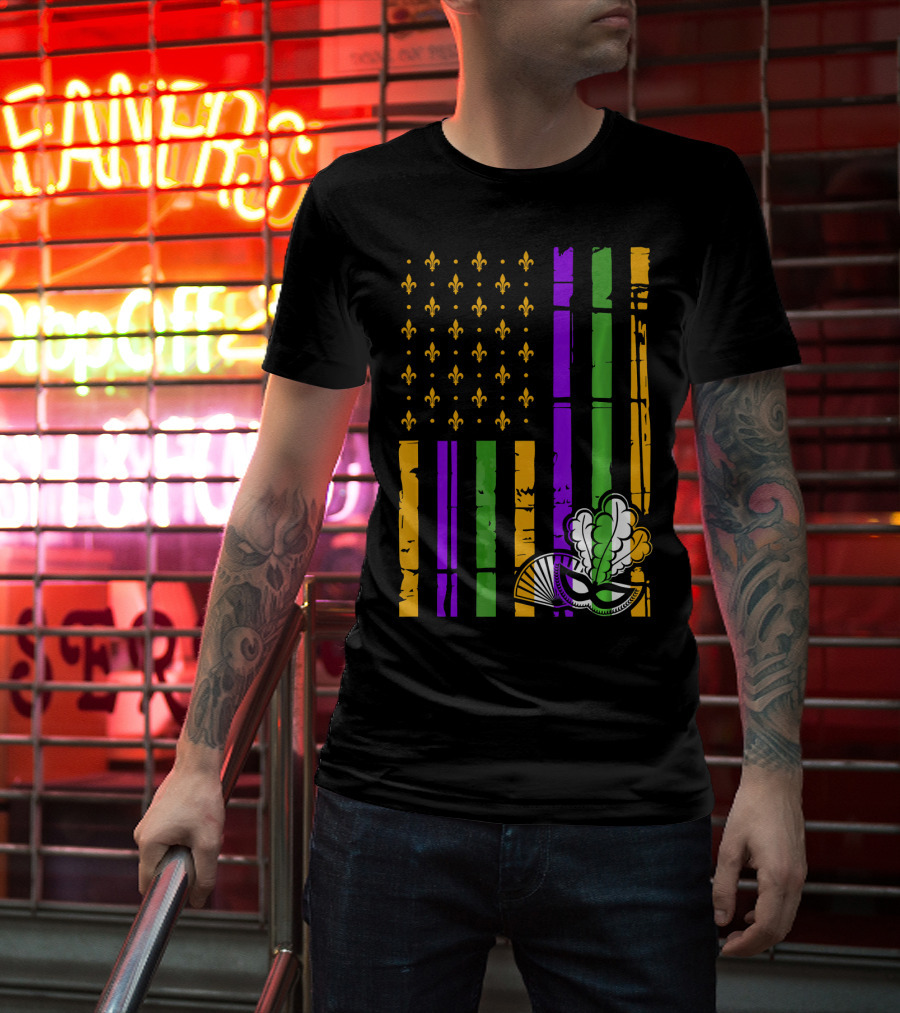 US Mardi Gras Celebration Flag Fleur De Lis Mask T-Shirt