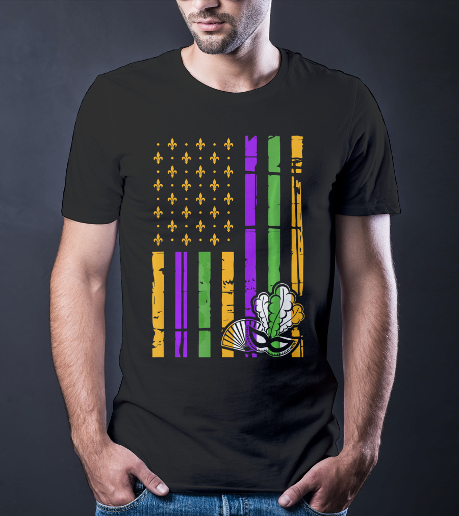 US Mardi Gras Celebration Flag Fleur De Lis Mask T-Shirt