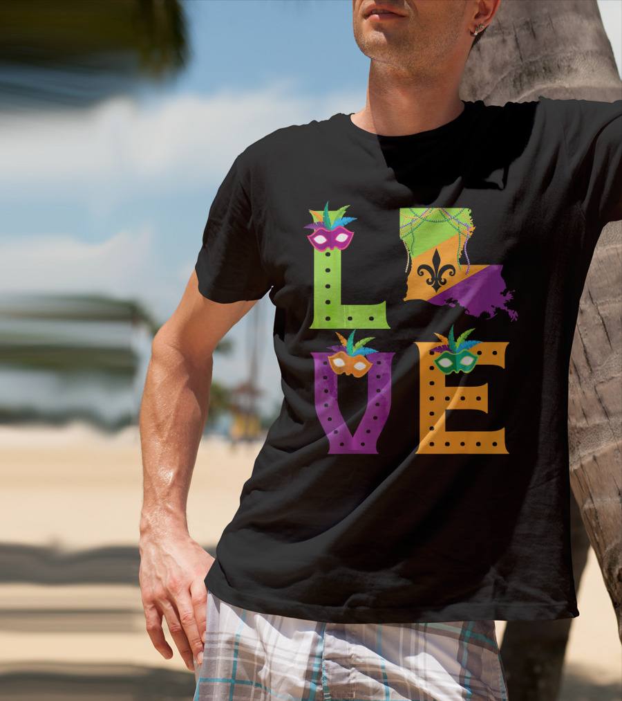 Love Mardi Gras Louisiana Fleur-de-lis Mask Beads T-Shirt